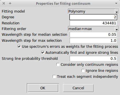 Properties for the fitting of the continuum